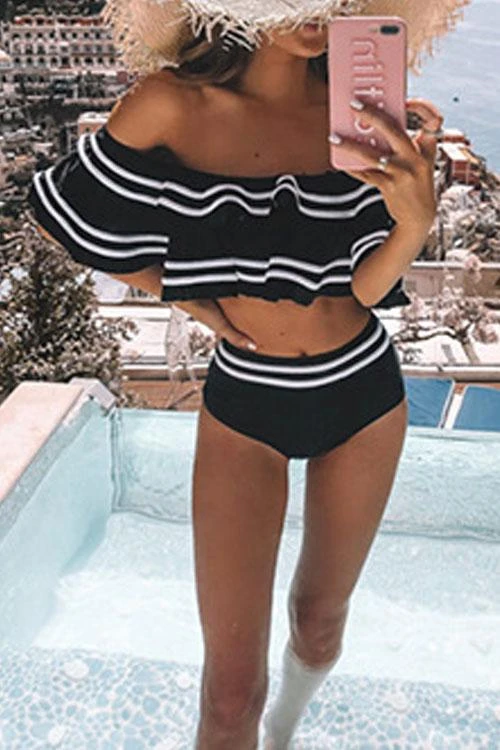Black and white striped bikini set with a sweet frill at the shoulder and adjustable straps