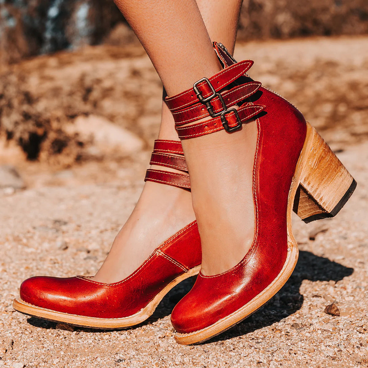 Women's block heel strappy shoes in brown with a vintage-inspired multi-strap design