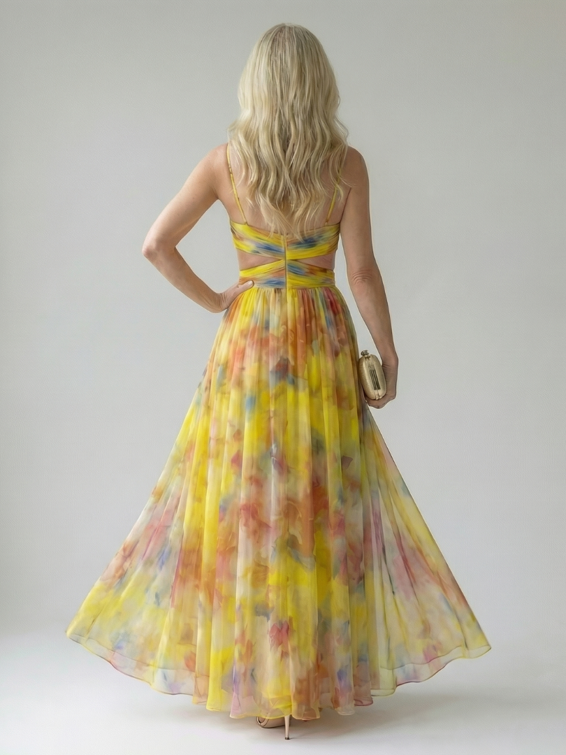 Multicolour sleeveless wrap maxi dress with thin straps, defined waist and flowing skirt