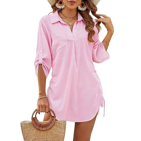 Lightweight beach cover-up shirt with drawstring waist in white striped fabric