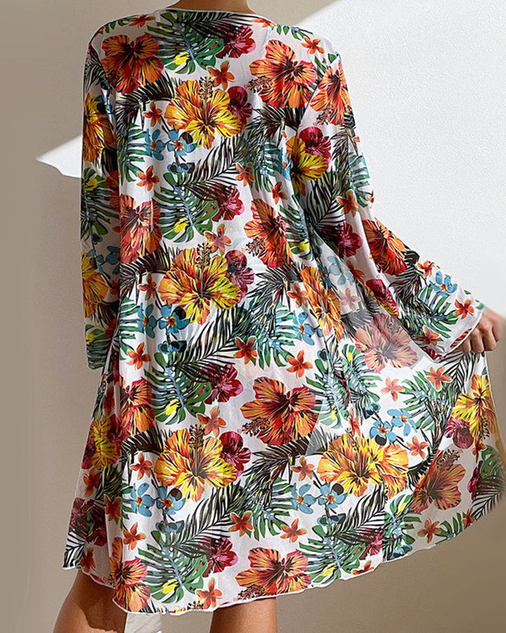 Floral bikini with integrated skirt in white with colourful flower print detail