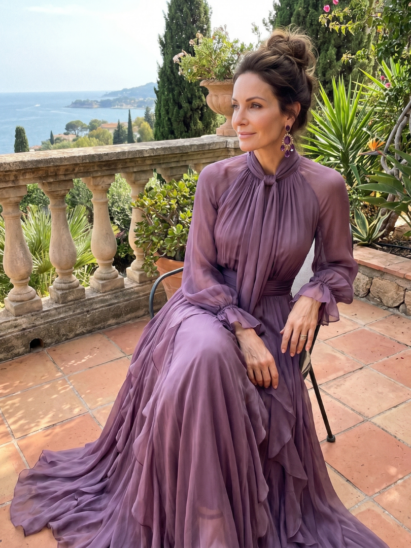 Purple long-sleeve maxi dress with a bow neckline and full layered ruffle skirt