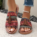 Colourful ethnic-print sandals with tassel detail and open design