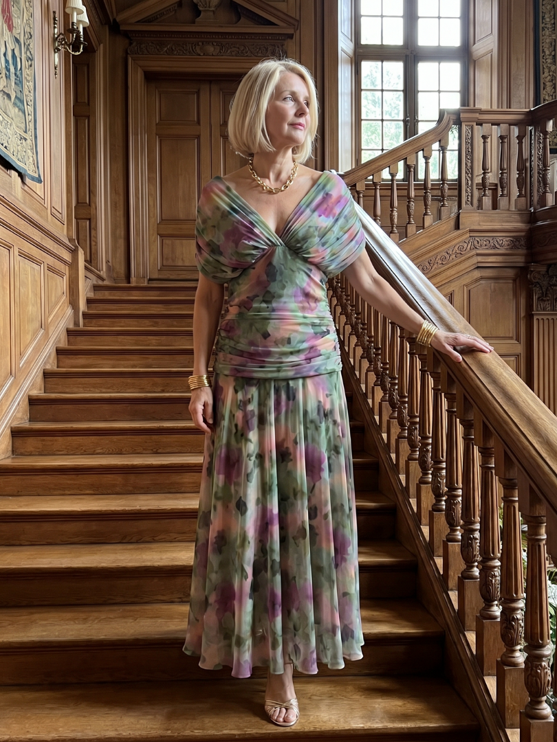 Purple off-shoulder midi dress with draped neckline and gently flared skirt