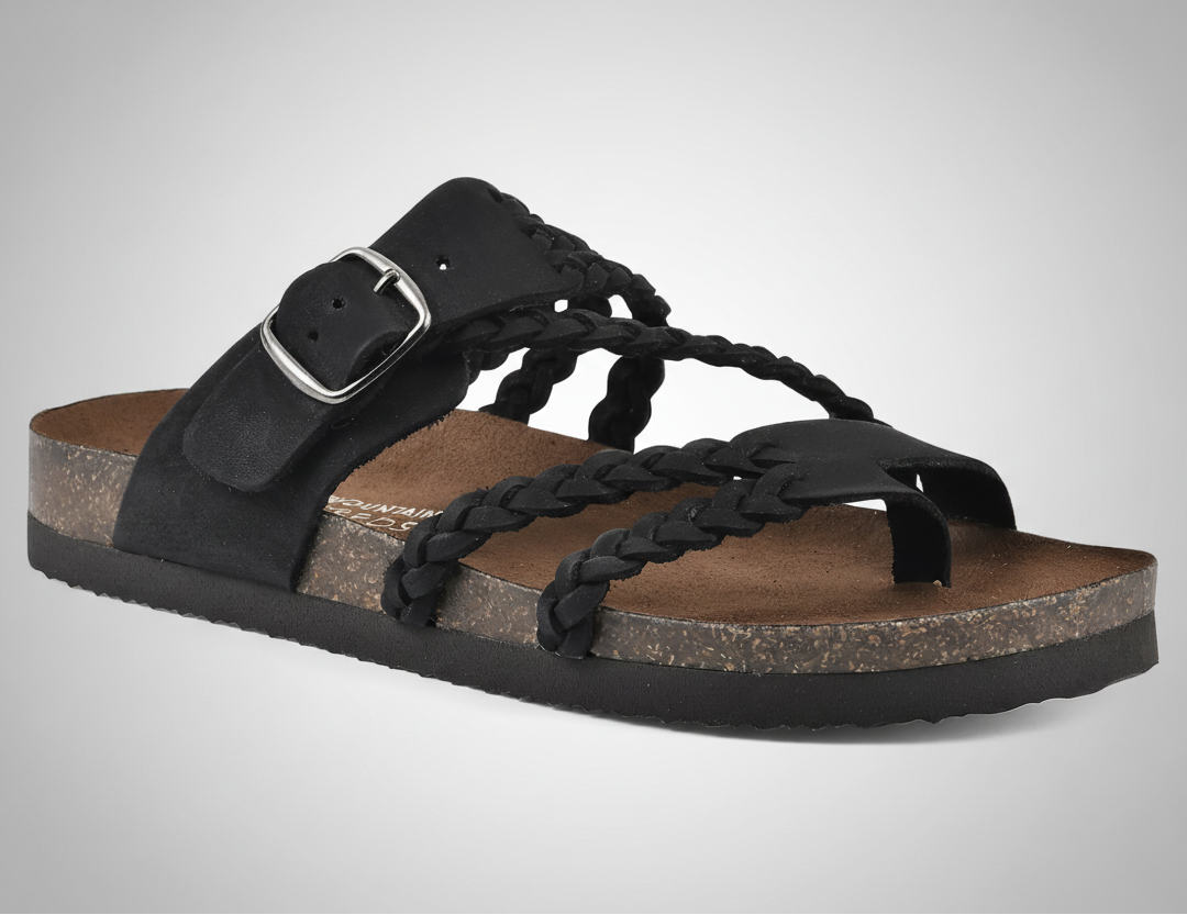 Natural woven flat sandal with an adjustable buckle strap and cushioned footbed