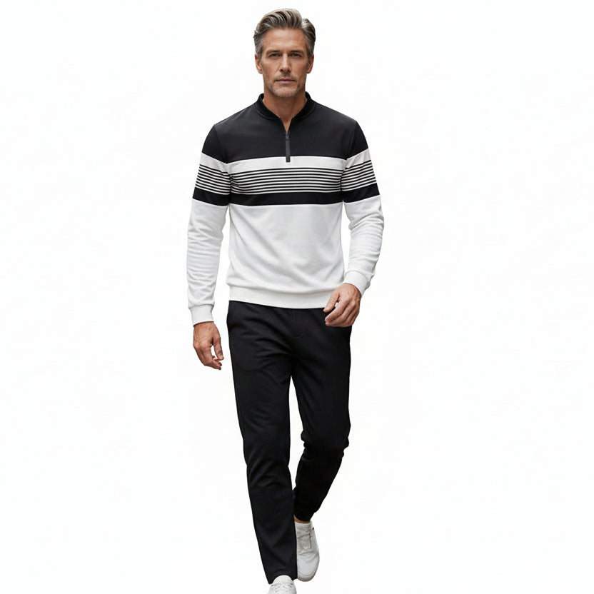 Men's black 2-piece leisure set with zip collar top and matching stripe trousers