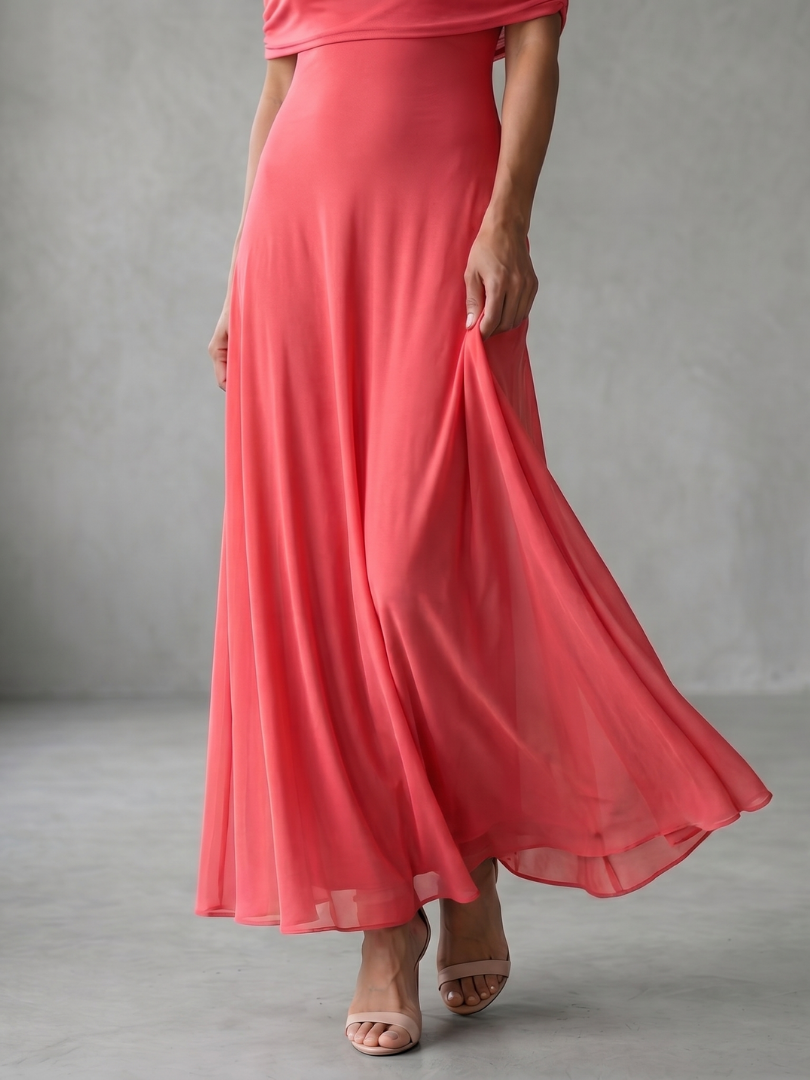 Brown midi dress with off-shoulder draped neckline and sheer outer layer over smooth lining