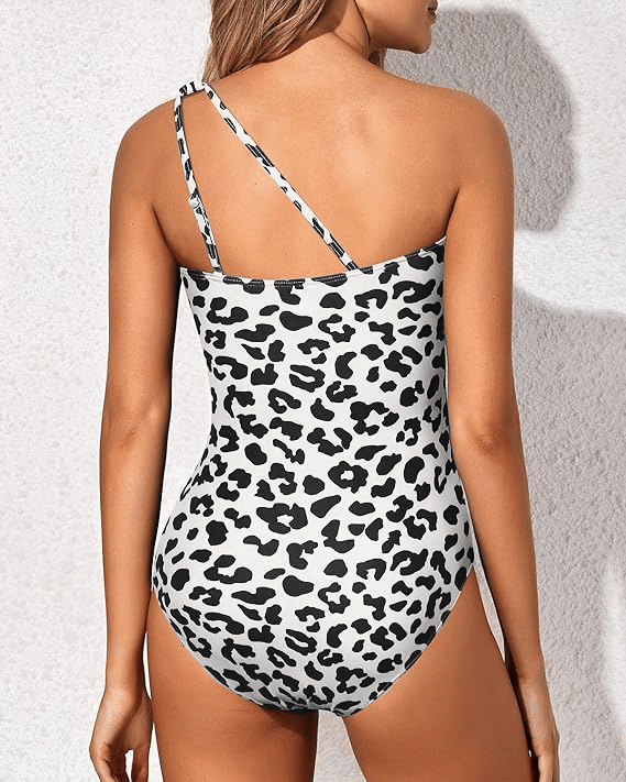 Black one-shoulder one-piece swimsuit with a clean asymmetric neckline