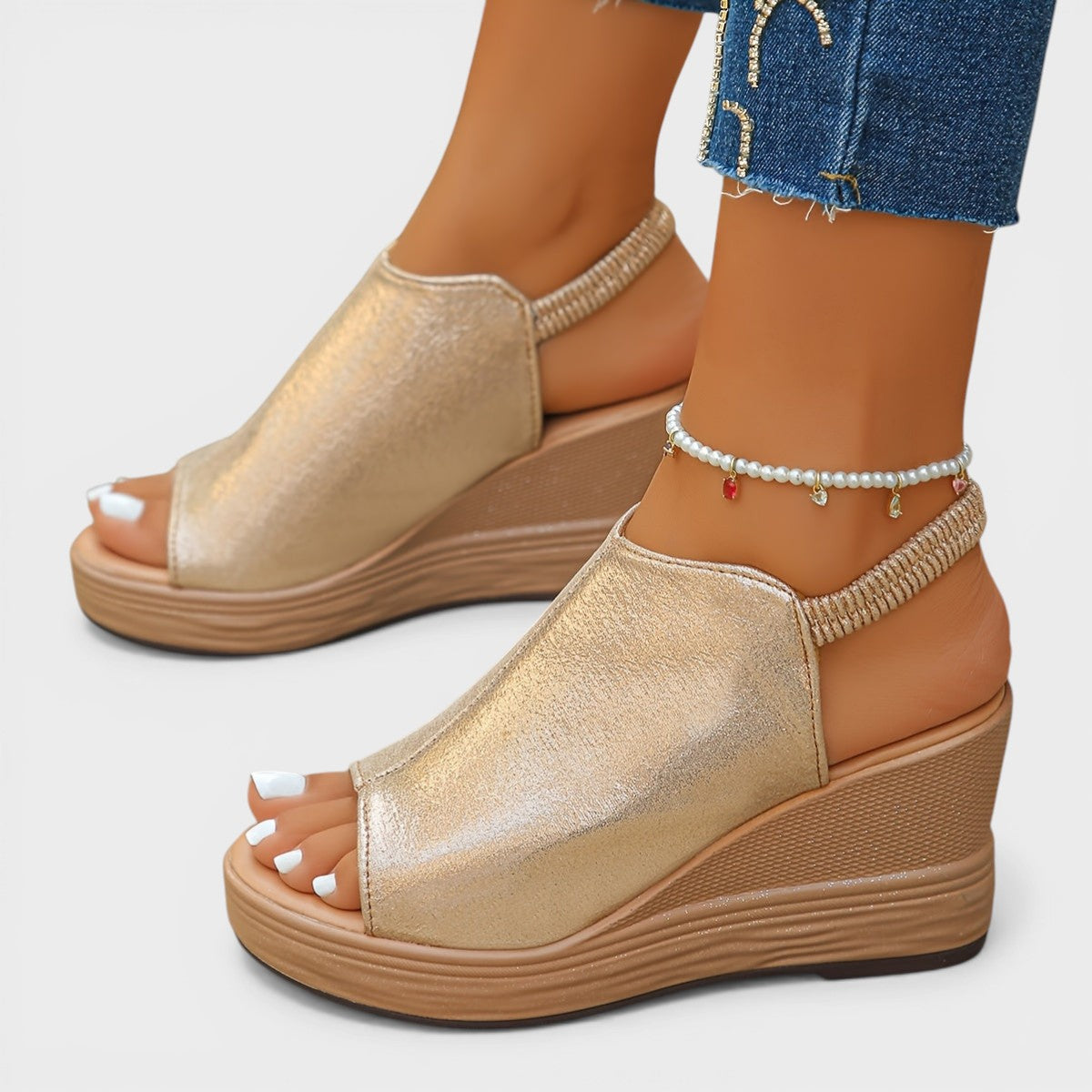 Orthopaedic wedge sandals in gold, silver and black with a supportive sole
