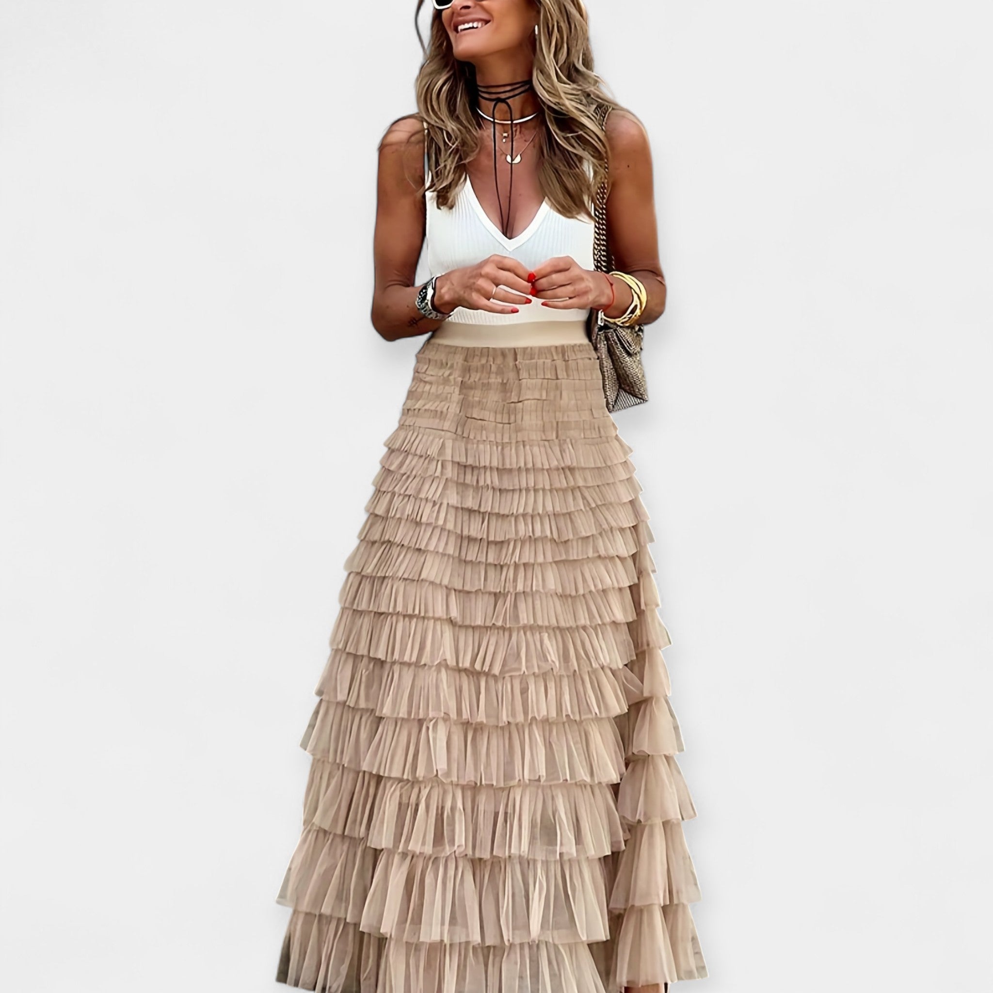 Boho high-waist midi skirt in dark green with a mesh hem border detail