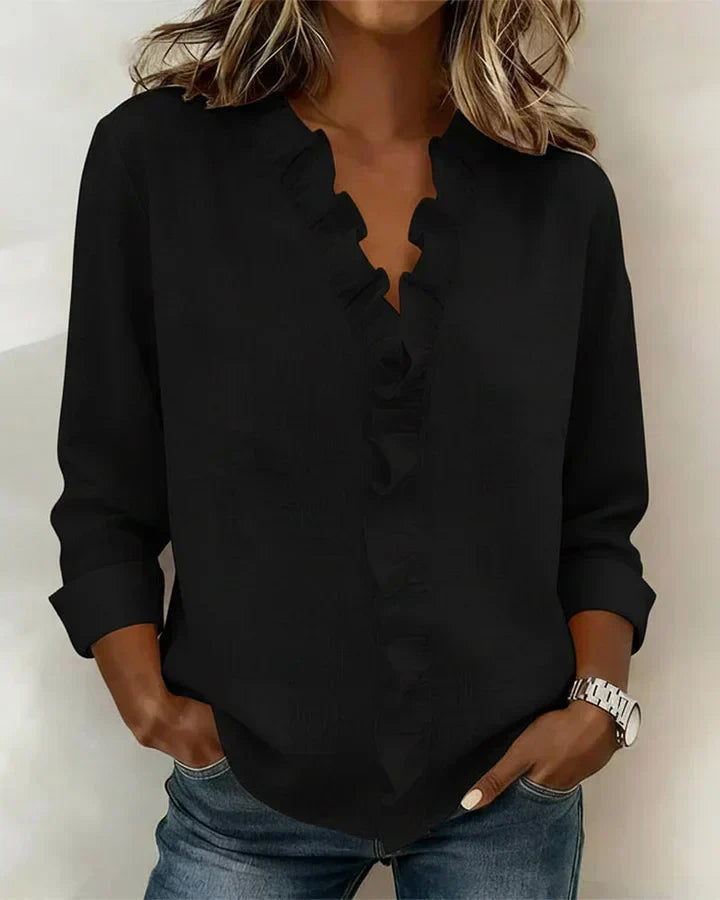 Pink women's V-neck blouse with decorative frill collar and long sleeves