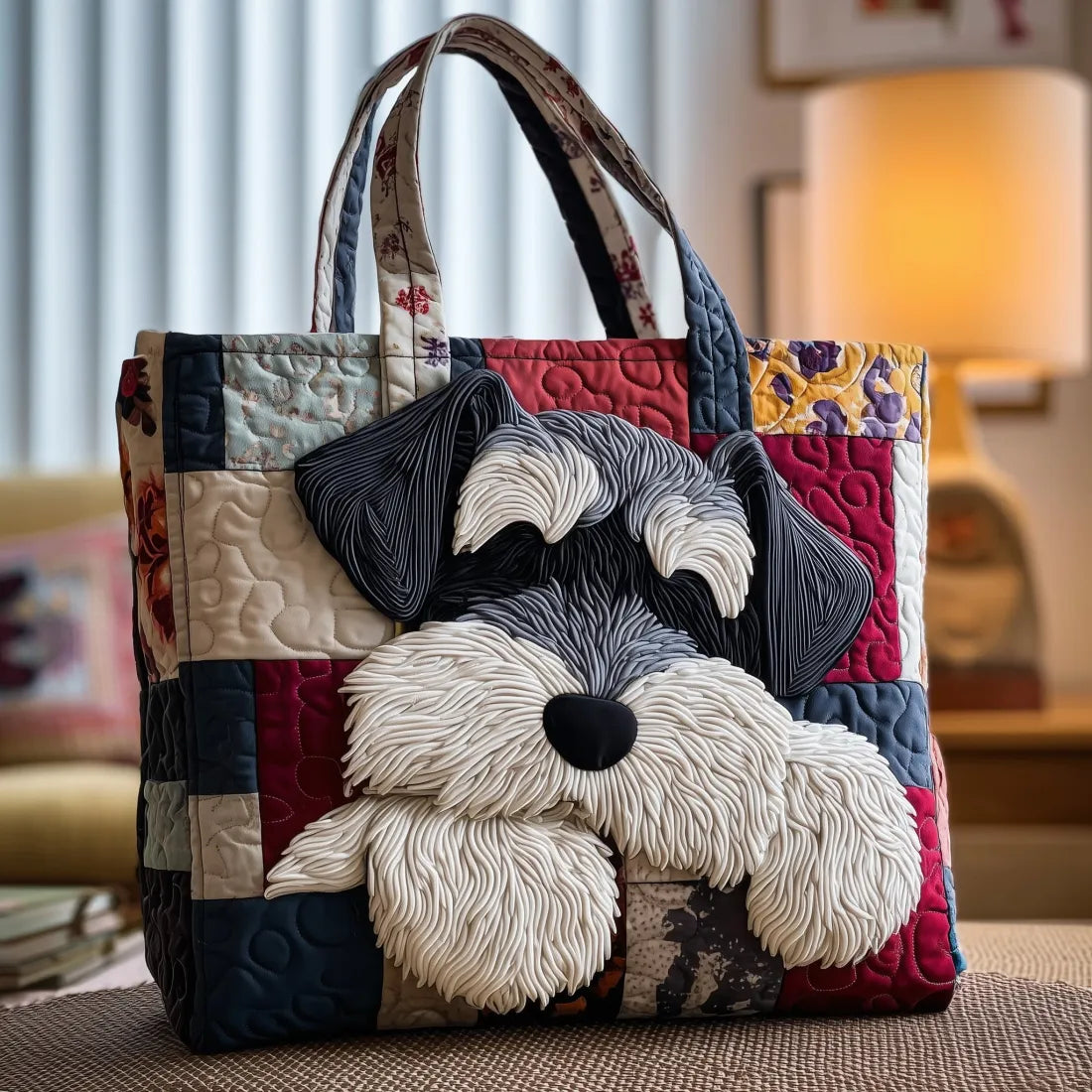 Quilted tote bag with a detailed portrait of a Schnauzer dog