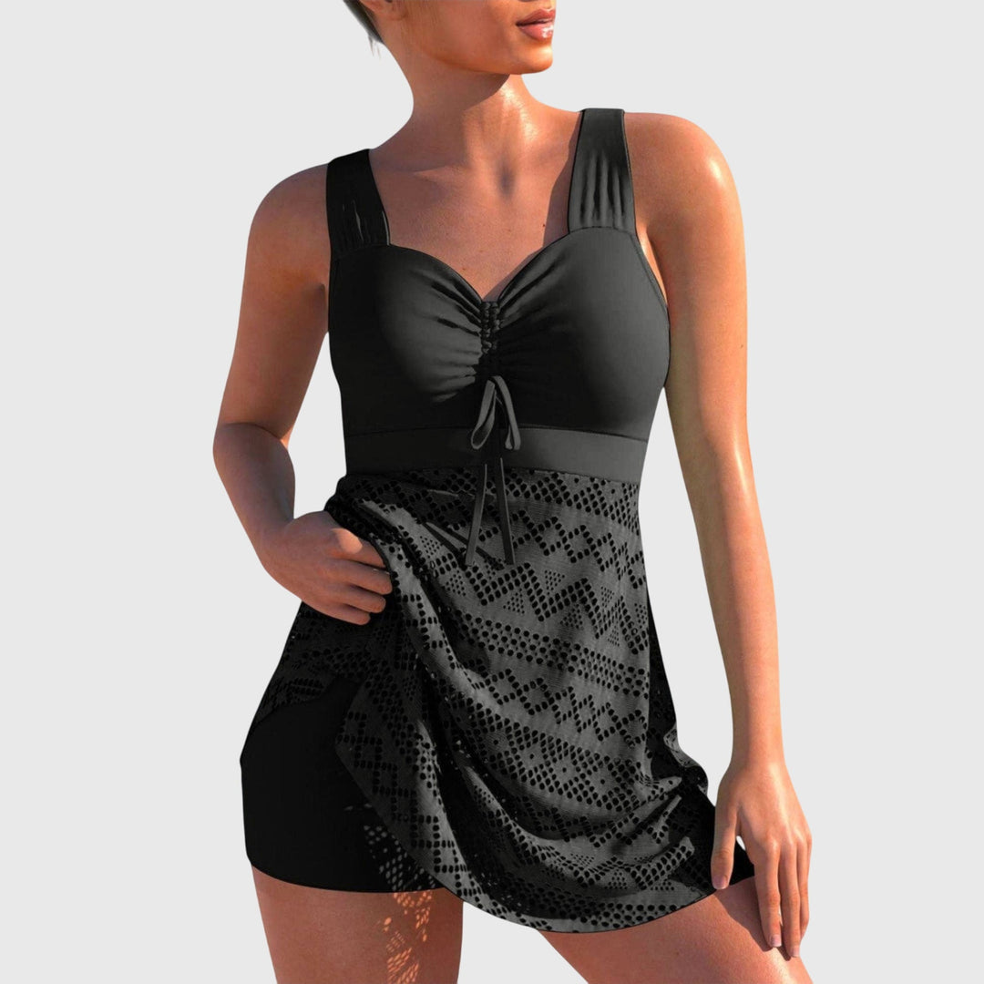 Tankini with integrated skirt in black, blue, light blue, rose, red, yellow and pink-red colourways