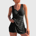 Tankini with integrated skirt in black, blue, light blue, rose, red, yellow and pink-red colourways