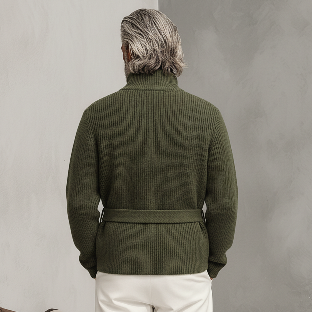 Men's zip-up stand-collar knit cardigan with belt in a relaxed smart-casual style