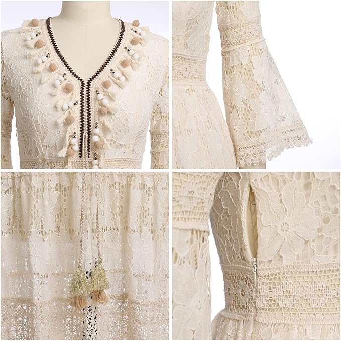 Woman twirling in the Florence romantic boho maxi dress with delicate floral detailing and a ruffled hem.
