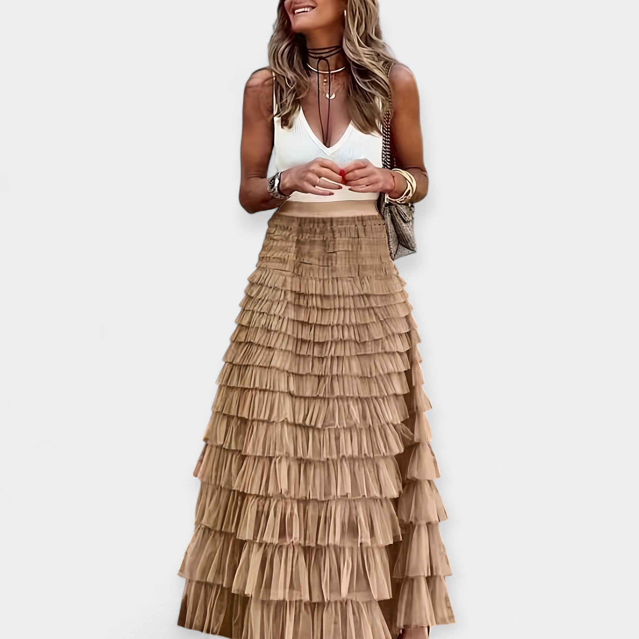 Boho high-waist midi skirt in dark green with a mesh hem border detail