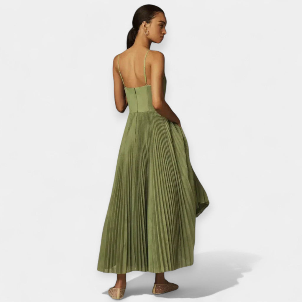 Pleated corset midi dress in sage green with a gently full skirt