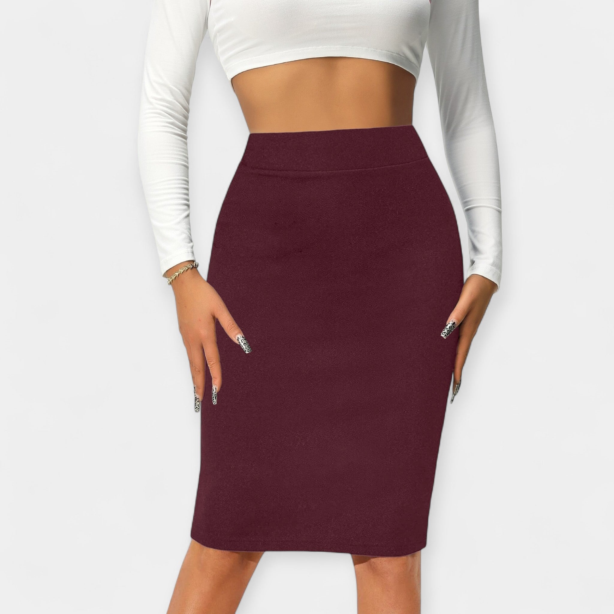 High-waist midi skirt in navy blue with clean lines and a polished structured finish