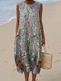 Sleeveless vintage floral wrap dress with practical side pockets
