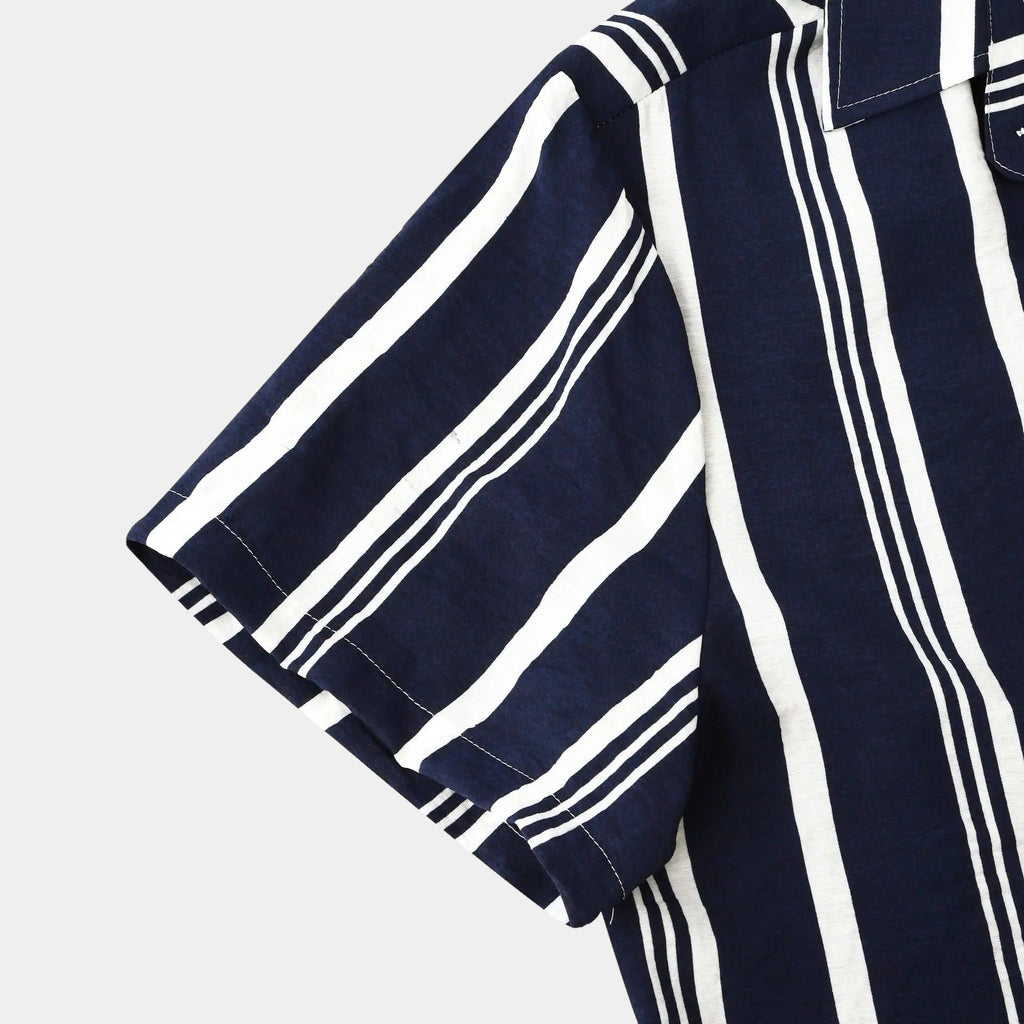 Men's navy and white striped summer shirt with a relaxed classic cut