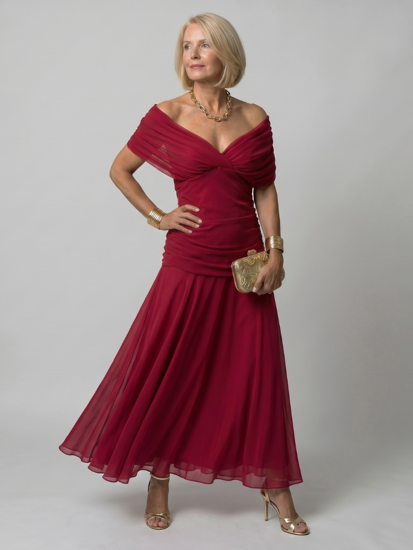 Purple off-shoulder midi dress with draped neckline and gently flared skirt