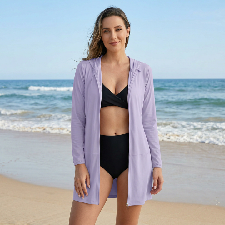 Long-sleeve zip-front swim top in black with UV protection