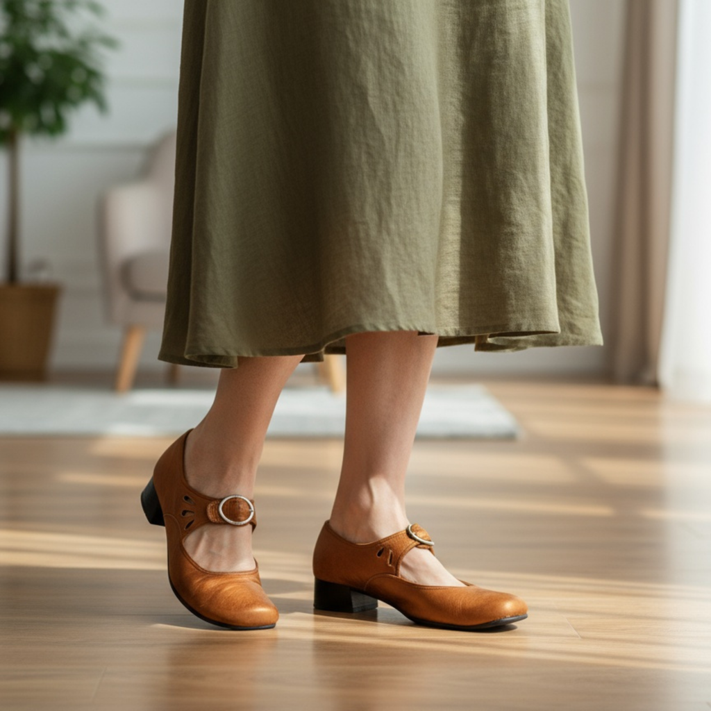 Classic comfort heeled shoes in black, red, brown and blue with a refined silhouette and cushioned sole