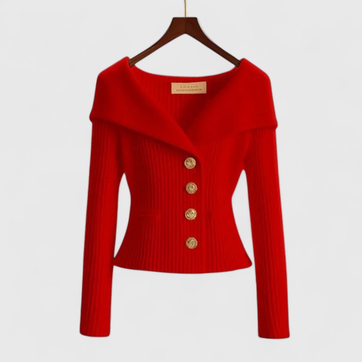 Soft elegant cardigan in yellow, red, white and black with a classic neat silhouette