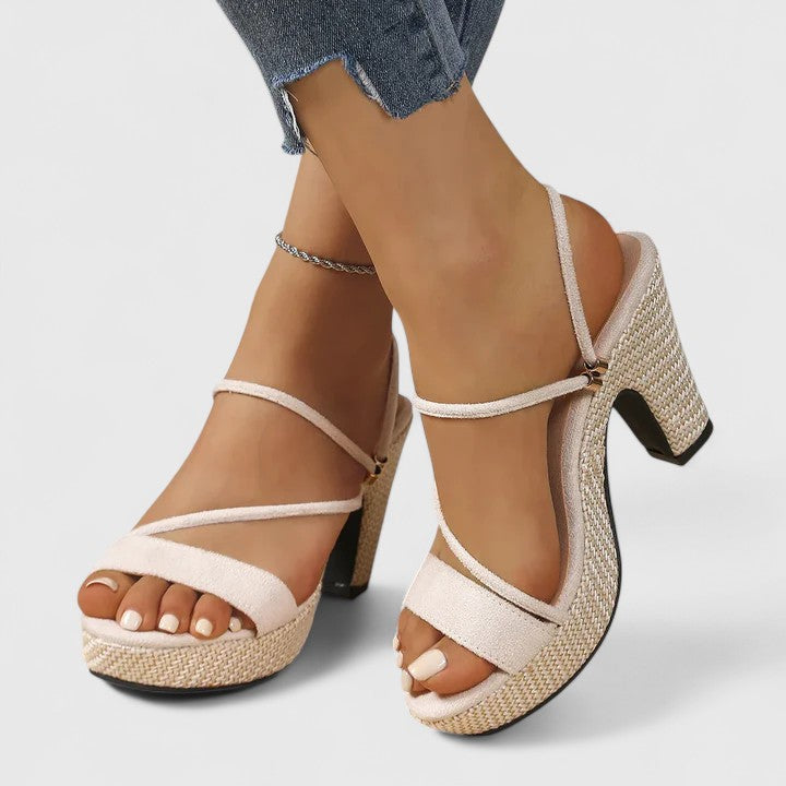 Women's strappy block-heel sandals in black with slim adjustable straps