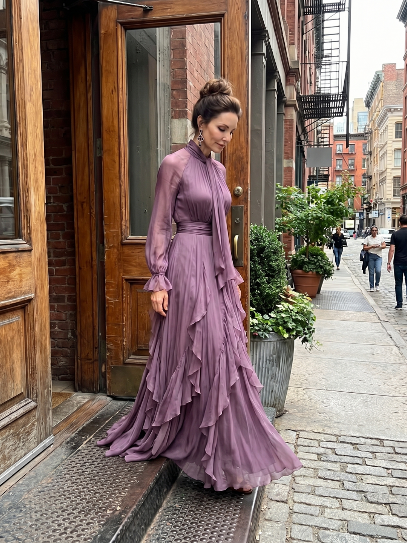 Purple long-sleeve maxi dress with a bow neckline and full layered ruffle skirt