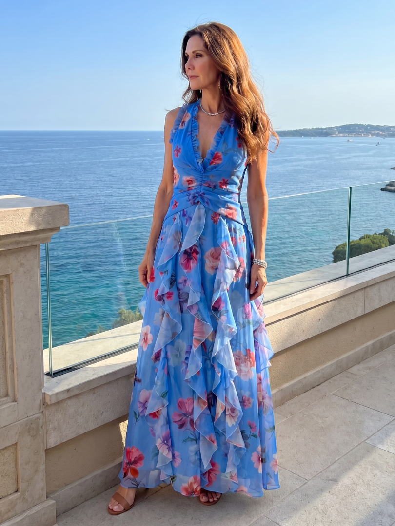 Pink floral halter maxi dress with a ruched bodice and layered ruffle skirt