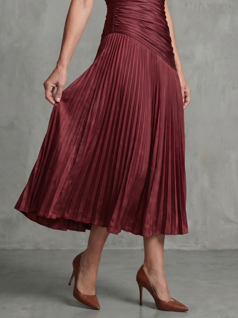 Blue and white striped midi dress with collared neckline and gently pleated waist and skirt