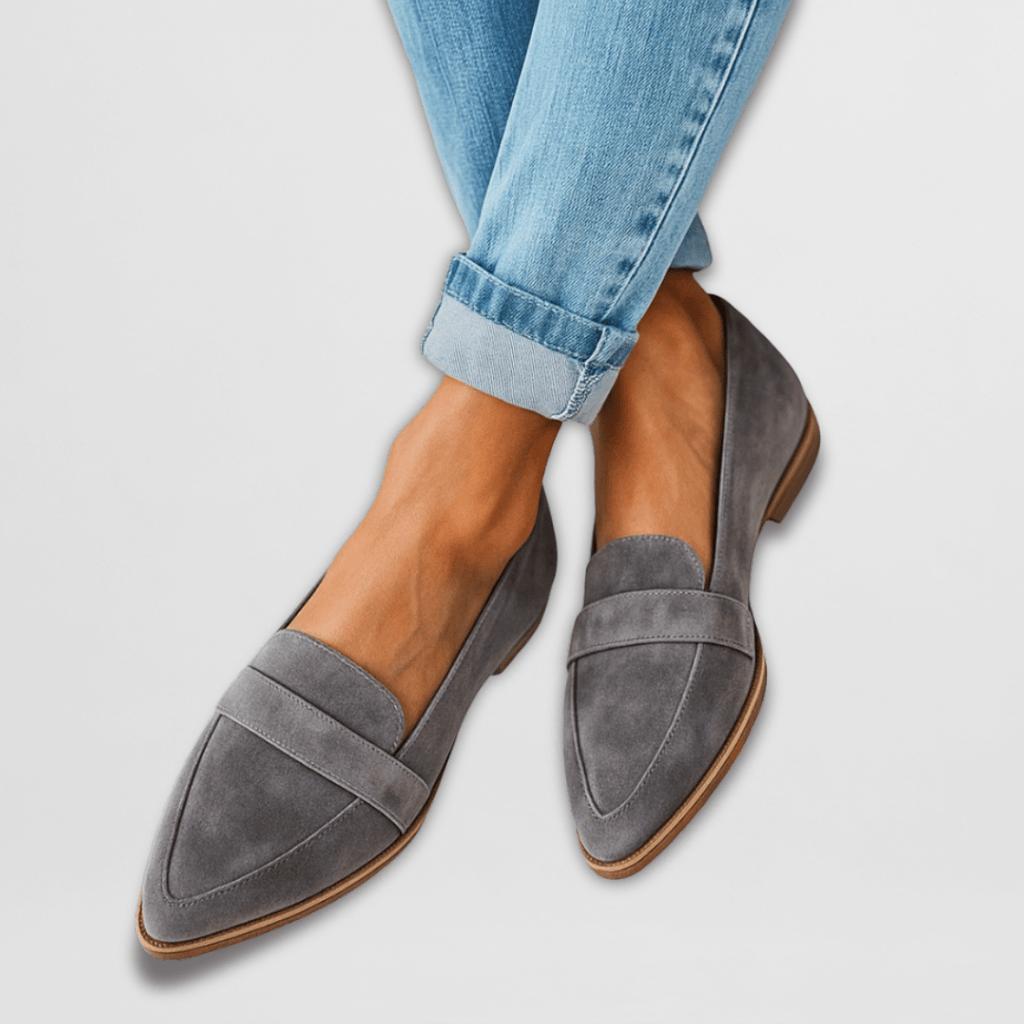 Pointed-toe loafers in khaki with a clean, minimal upper