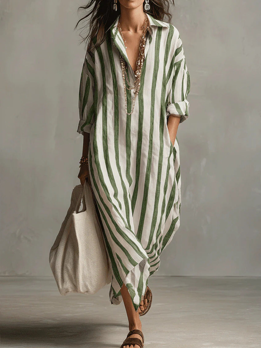 Women's striped maxi dress in pink and white with a classic shirt collar and flowing silhouette