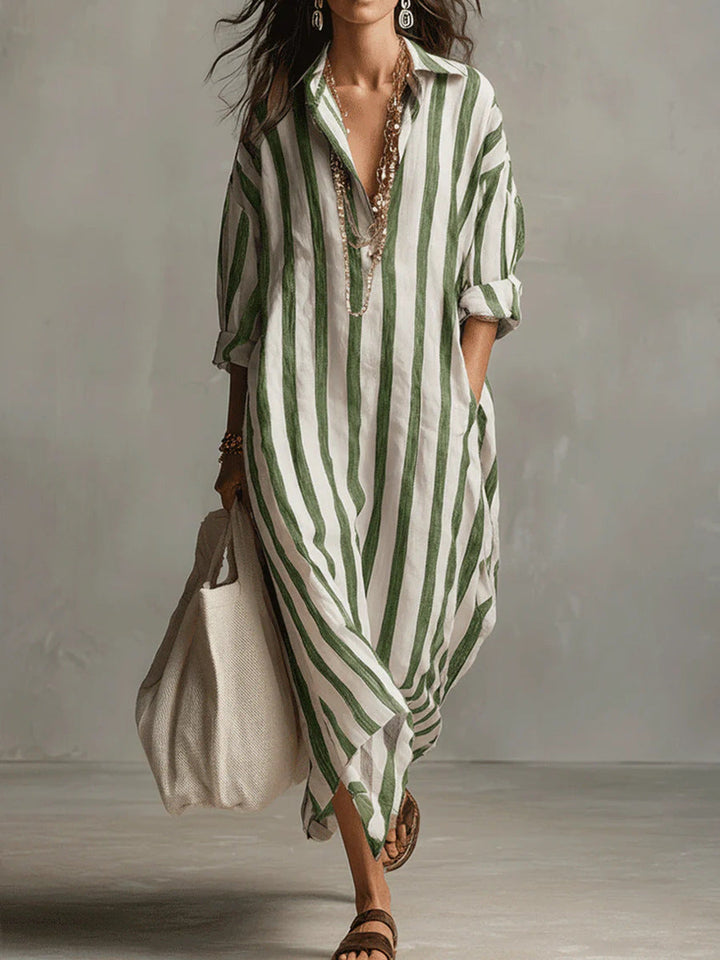 Women's striped maxi dress in pink and white with a classic shirt collar and flowing silhouette