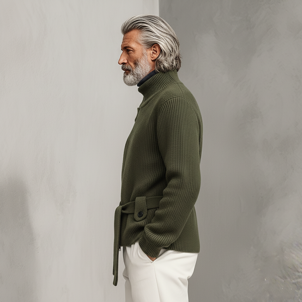 Men's zip-up stand-collar knit cardigan with belt in a relaxed smart-casual style