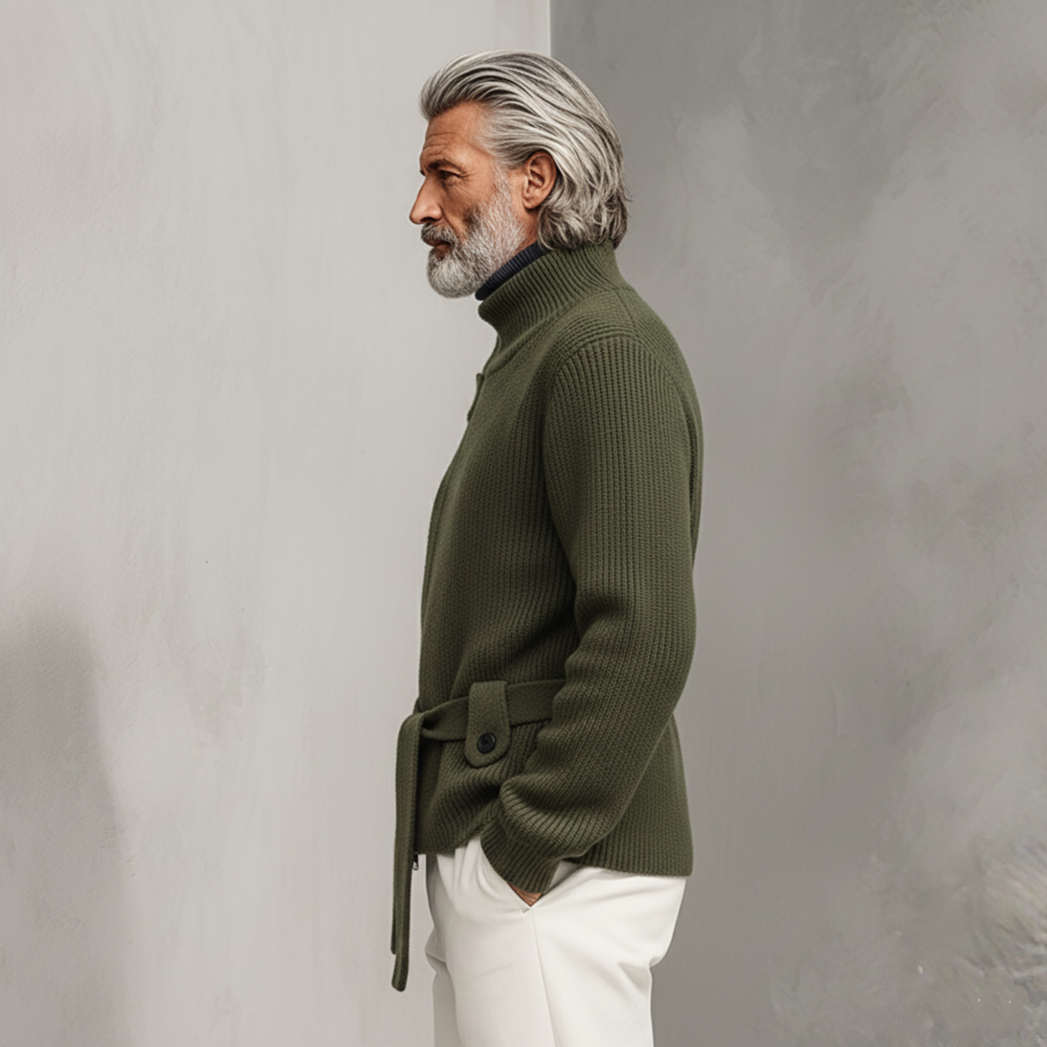 Men's zip-up stand-collar knit cardigan with belt in a relaxed smart-casual style