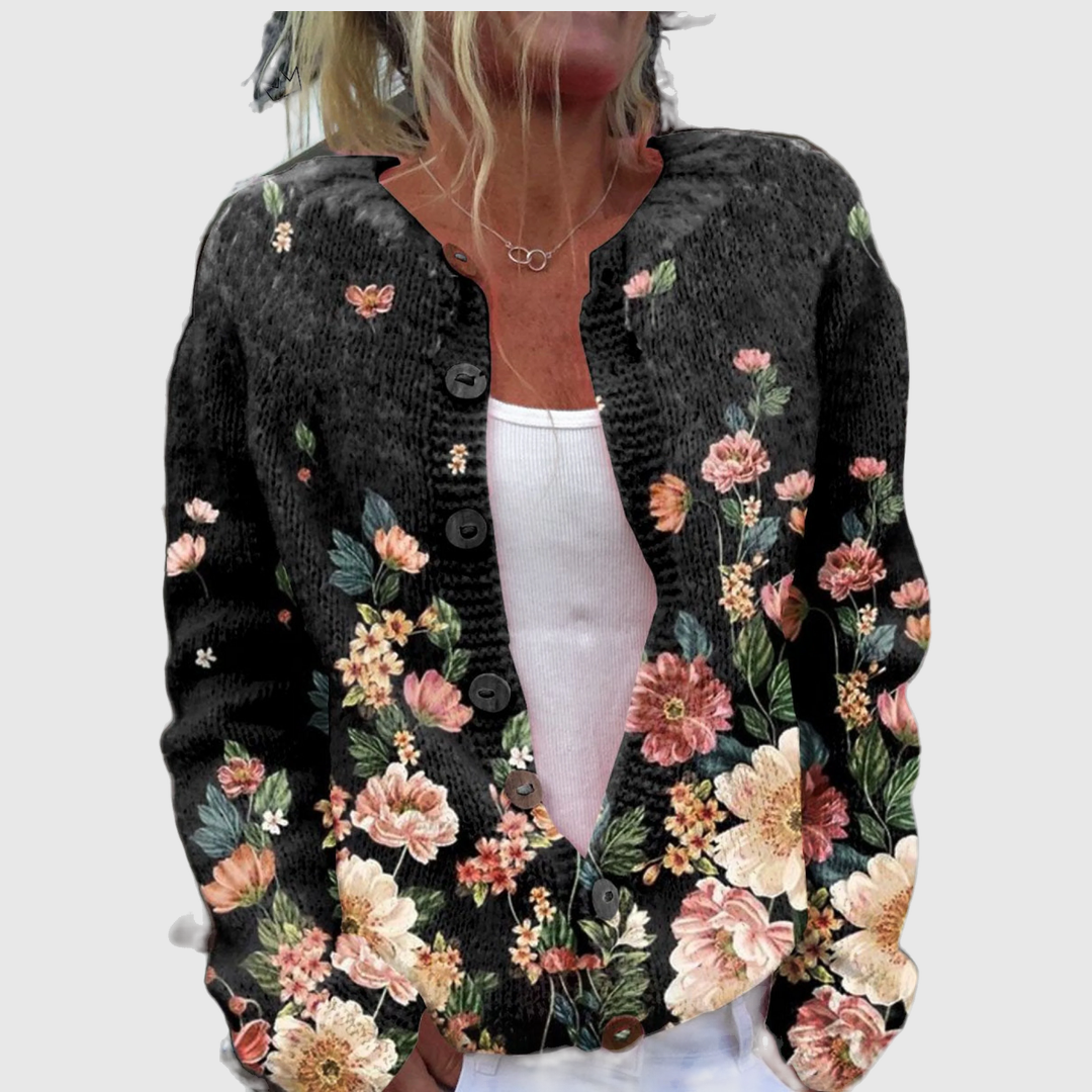Caoimhe cardigan with lush roses in rose and peach on deep black – Mary Cork