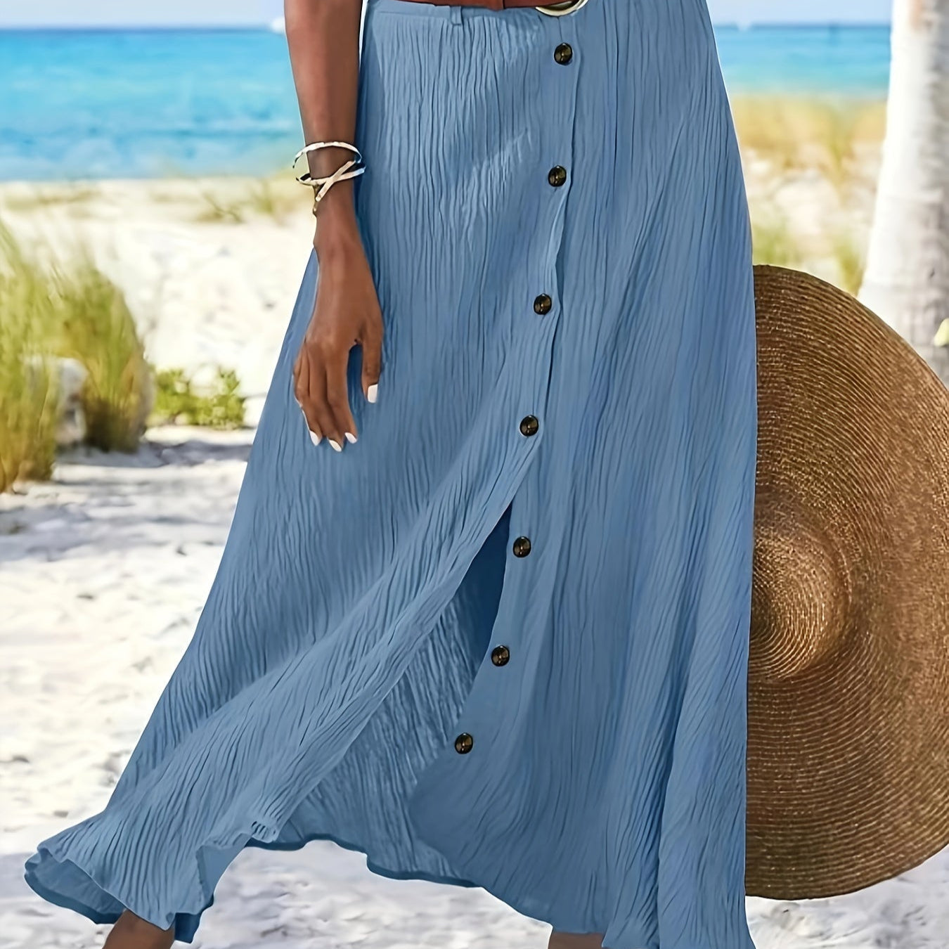Floaty semi-sheer midi skirt with button-front detail in light blue