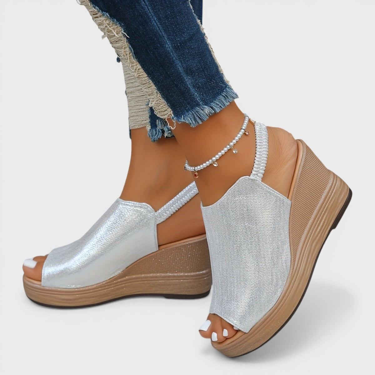 Orthopaedic wedge sandals in gold, silver and black with a supportive sole