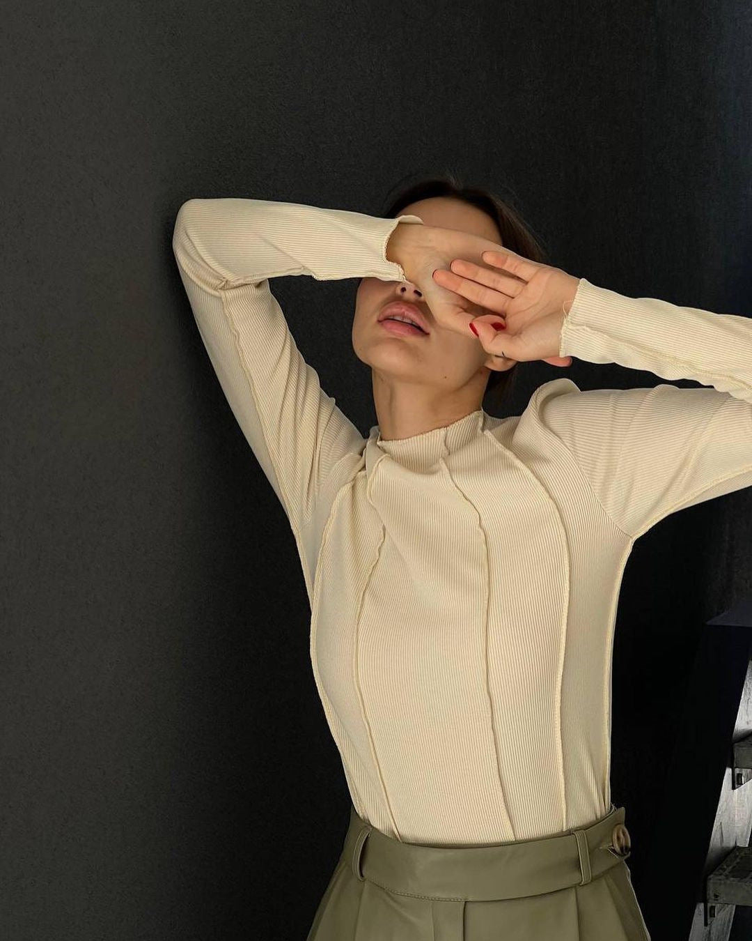 Apricot long-sleeve essential top with a clean, flattering and relaxed silhouette