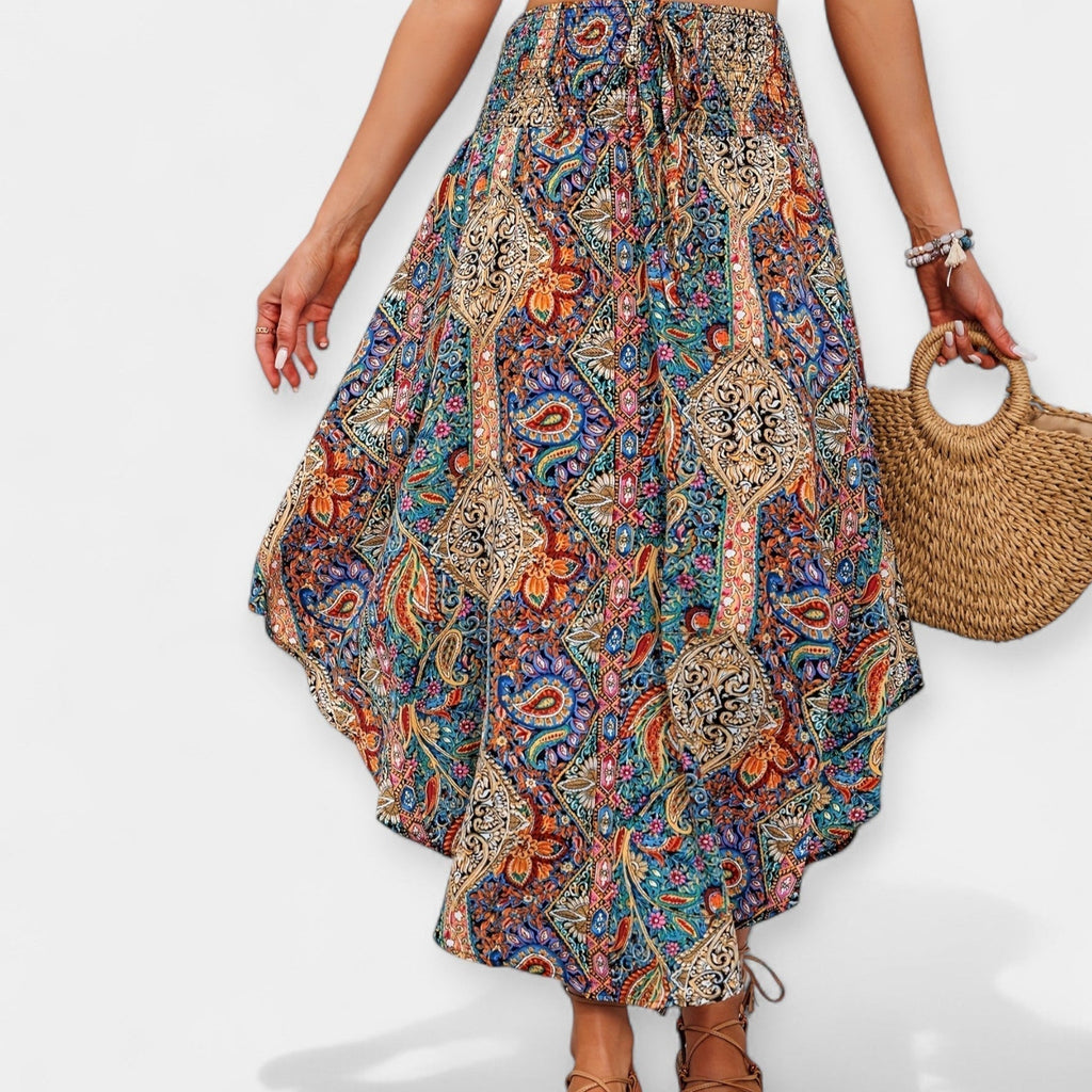 Floral print A-line midi skirt with a gathered ruffle hem and high waist in bright tones