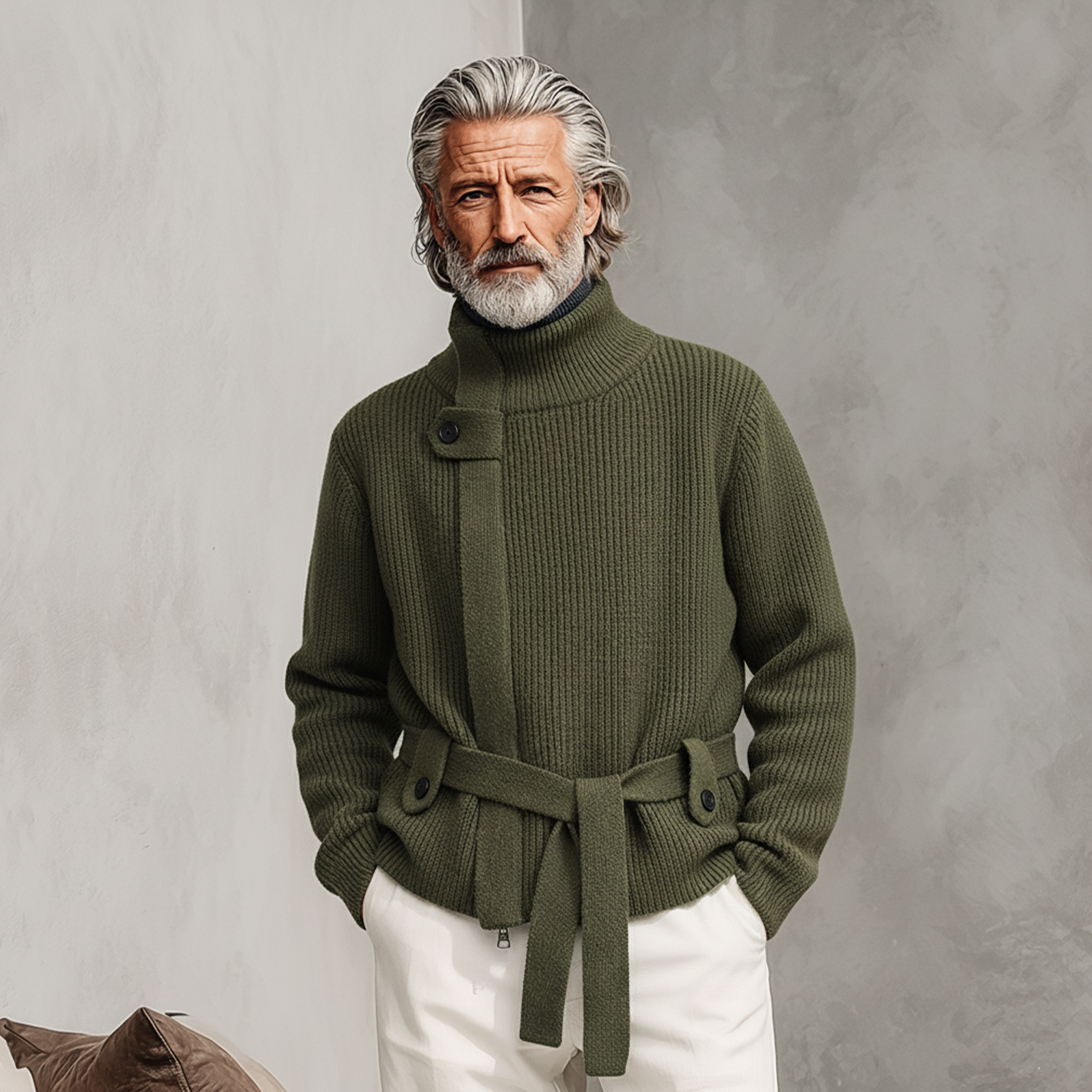 Men's zip-up stand-collar knit cardigan with belt in a relaxed smart-casual style
