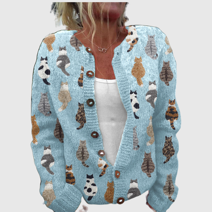 Niamh cardigan with playful cats in soft greys and browns – Mary Cork