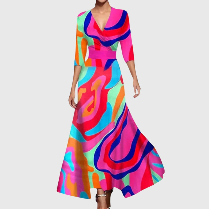 Woman wearing an elegant dress with a flattering silhouette, dressed for a day out.