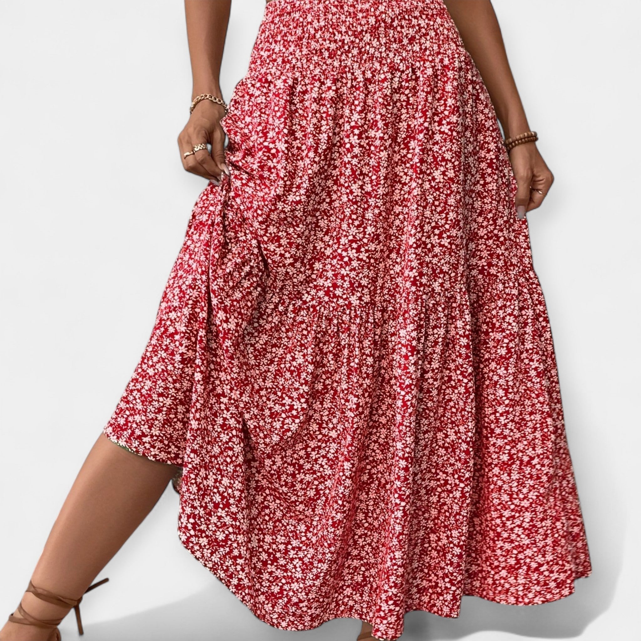 Floral midi skirt in violet print with elasticated waist and discreet side pockets