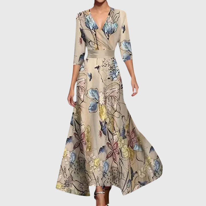 Woman wearing an elegant dress with a flattering silhouette, dressed for a day out.