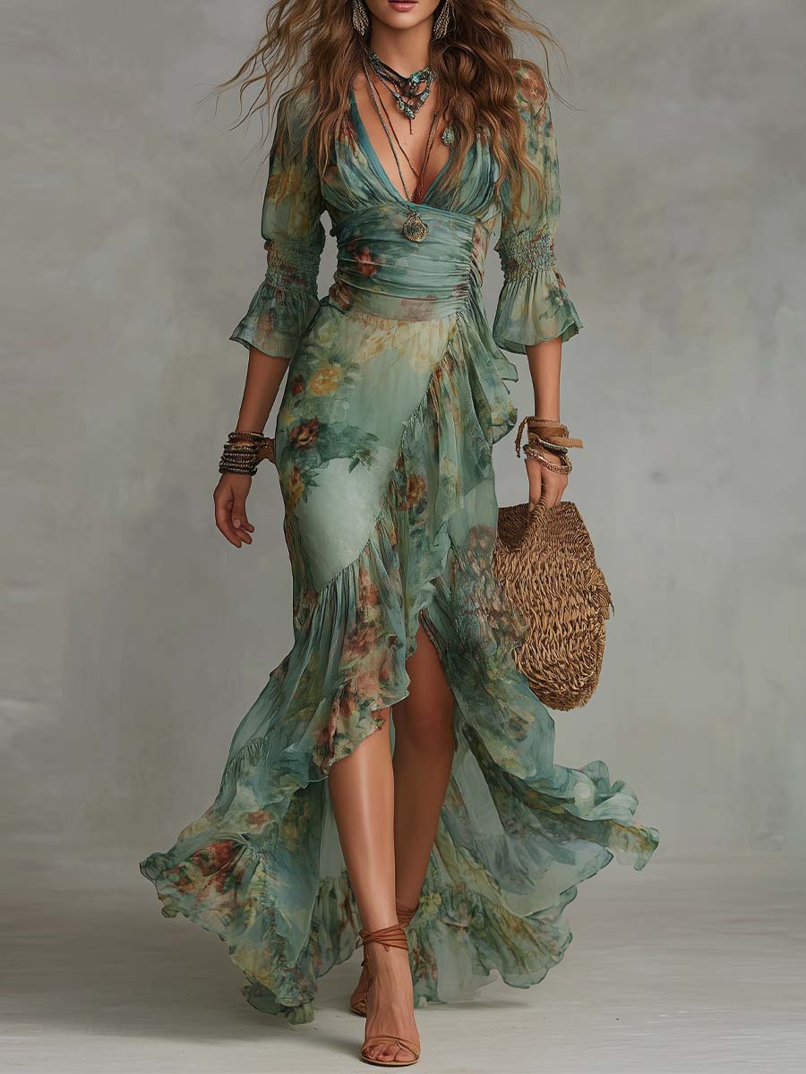 Aurora - Romantic Asymmetric Hem Long Floral Boho Dress