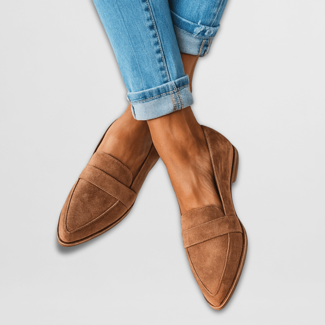 Pointed-toe loafers in khaki with a clean, minimal upper